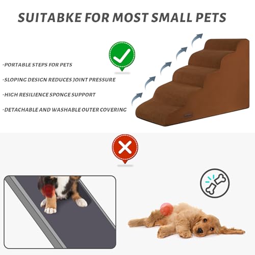 Image of Aodisman Dog Stairs for High Bed,5-Step Pet Ramp for Small Dogs and Cats | 22.2 inch H Dog Steps for Bed with High-Density Foam, Help Olders,Short-Legged Dogs,Puppy and Cats Get on Beds Easily,Grey,Brown
