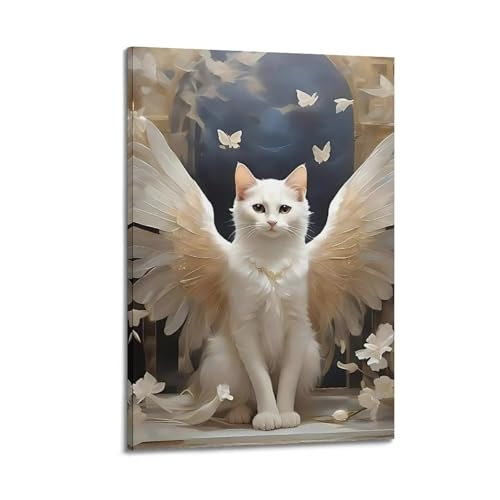 Décoration murale moderne chat blanc ailes : tableau toile 20x30 WIZIGM