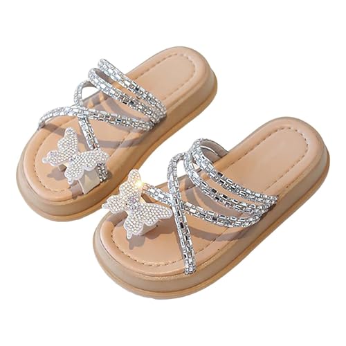 Girls Open Toe Slippers Butterfly Rhinestone Glitter Sequin Flat Kids Non-Slip Soft Summer Casual Beach Sandals