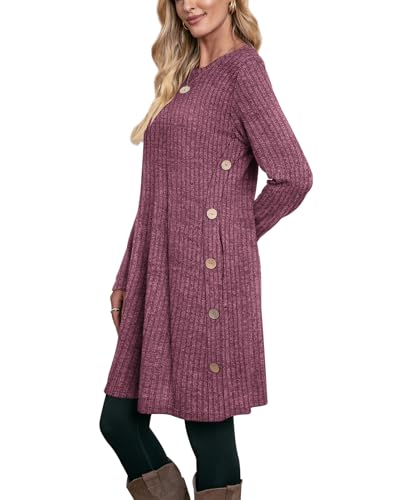 Image of OFEEFAN Fall Dresses for Women 2026 Crew Neck Long Sleeve Dress with Pockets