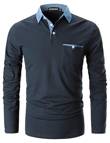 LIUPMWE Homme Polo Manche Longue 100% Coton Contrasté Plaid épissure Lattice T-Shirt M-3XL,Bleu-YT01,L