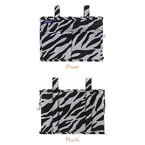 Image of Surblue Bedside Caddy Hanging Organizer Storage Bag for Bunk and Hospital Beds, College Dorm Rooms, Baby Rails, Camp Chairs, Wheelchair - 4 Pockets, 2 Hooks (Small, Zebra)
