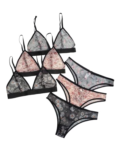 Women's 3 Pack Floral Print Mesh Lingerie Set Wireless Low Rise Sheer Matching Bra and Panty Set