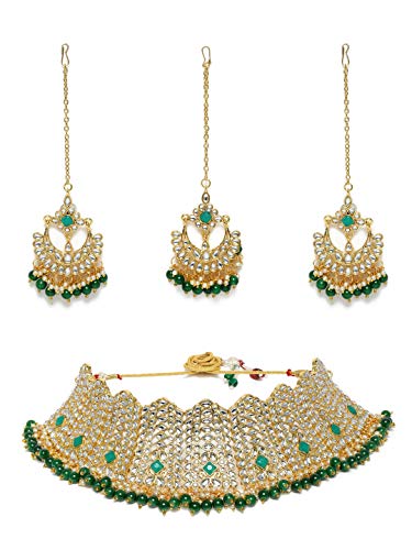 ZAVERI PEARLS Green Stones & Beads Bridal Collection Kundan Choker Necklace Earring & Maangtikka Set For Women-ZPFK10139