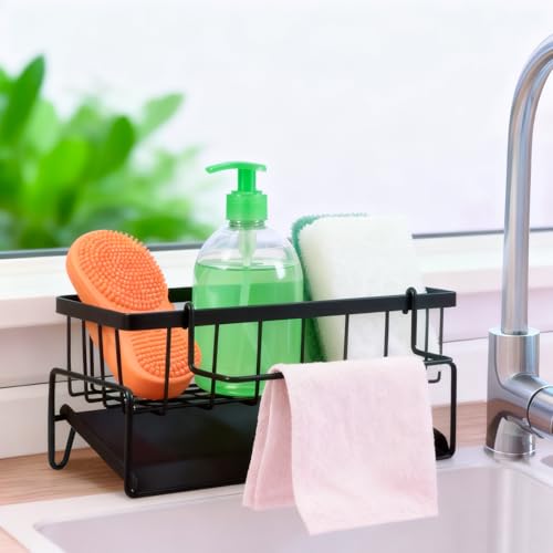 DenFatory Organizador de fregadero de cocina, organizador cocina, estante de almacenamiento de acero inoxidable con bandeja de drenaje automático, negro