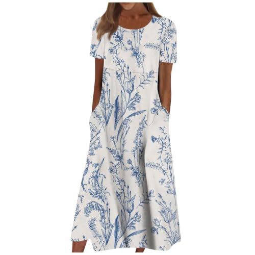 Robe d'été femme col rond à manches courtes en coton et lin imprimé