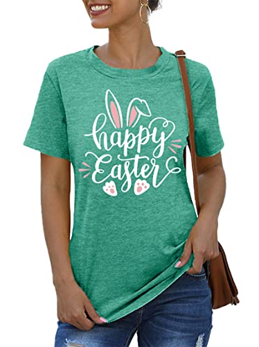 Image of Women Happy Easter T Shirt Bunny Rabbit Graphic T-Shirt Funny Letter Printed Shirts Short Sleeve Tops