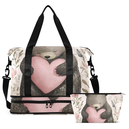Forest Big Love Bear Gym Bag for Women Sport Travel Duffel Bag Shoulder Weekender Overnight Bags with Wet Pocket & Shoe Compartment2