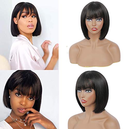 Short Bob Wigs for Women Natural Looking Heat Resistant Synthetic silky Straight Wigs with Bangs for Girls Ladies Cosplay Party Daily Wear (12inch Natural black)