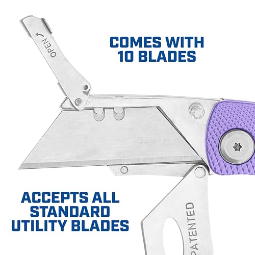 Image of Sheffield Lock Back Utility Knife 3 Pack with 10 Utility Knife Blades | Box Cutter with Aluminum Texture Grip Handle, Features Pocket Clip, Patented Quick Change Utility Blade Mechanism