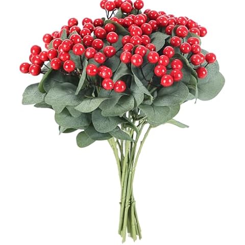 Gumolutin 12 Pcs Artificial Christmas Picks Fake Red Berry Fruits Stems with Eucalyptus Leaves for Xmas Tree Ornaments DIY Wreath Home Party Décor Cover