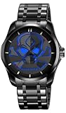 MASTOP Men’s Stainless Steel Skull Quartz Watch – Waterproof 30M Wristwatch with Luminous Hands, Bold 3D Dial Design (Blue)