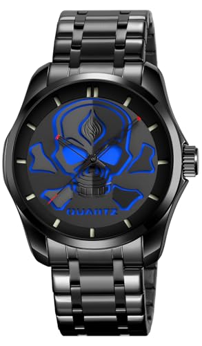 Image of MASTOP Men’s Stainless Steel Skull Quartz Watch – Waterproof 30M Wristwatch with Luminous Hands, Bold 3D Dial Design, Blue, Men’s Stainless Steel Skull Quartz Watch Waterproof 30M Wristwatch with