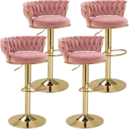 VECELO Bar Stools Set of 4 Adjustable Barstools Counter Height Stools with Back and Arm Velvet Woven Kitchen Island Stools w/Gold Metal Leg Base 360 Swivel Bar Stools Pink