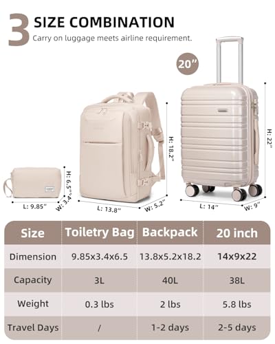 Image of LARVENDER Carry on Luggage Sets 3 Piece, 20 Inch Suitcase, Glossy Champagne | 22x14x9 Airline Approved, Lightweight PC+ABS Hardshell, Smooth 360 Double Wheels, TSA Lock, 3-Piece Set with XL Backpack
