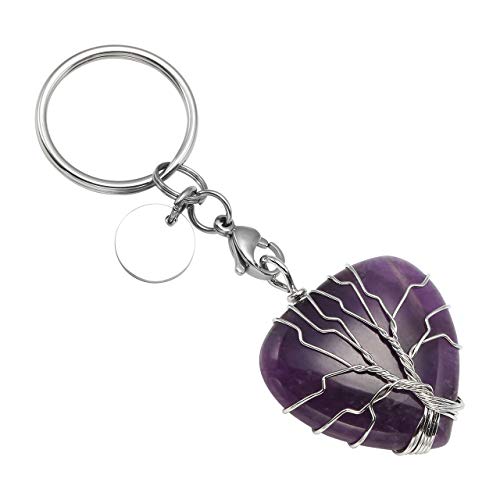 MANIFO Natural Amethyst Crystal Keyring Tree of Life Wrapped Heart Gemstone Keychain Charm Key Ring Jewelry