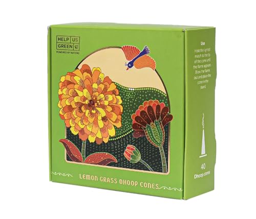 Image of HelpUsGreen Natural Dhoop Cones Lemongrass and Mogra (80 Cones Pack of 2)|Charcoal Free Organic Incense Cones | Low Smoke Long Lasting Incense for Pooja Meditation Home Fragrance |Free Ceramic Holder