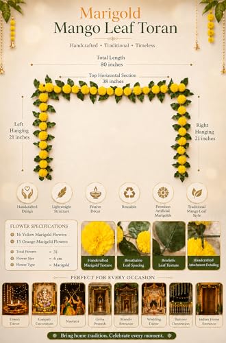 Image of Divyakosh Mango Leaf Vine /Creeper with Marigold Flowers for Door Entrance Decor - 80 Inch Artificial Floral Thoran /Bandarwal /Galrand, Festive Hanging for Diwali Pooja Ganpati Navratri Home
