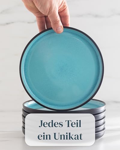 Steingut Geschirrset 6 Personen Ibiza 24 tlg. TESTSIEGER, Traumhaftes Mediterranes Steingut Geschirr Set, Schüssel- und Teller Set, Tafelservice 6 Personen, Geschirrsets Pure Living in Aquamarin