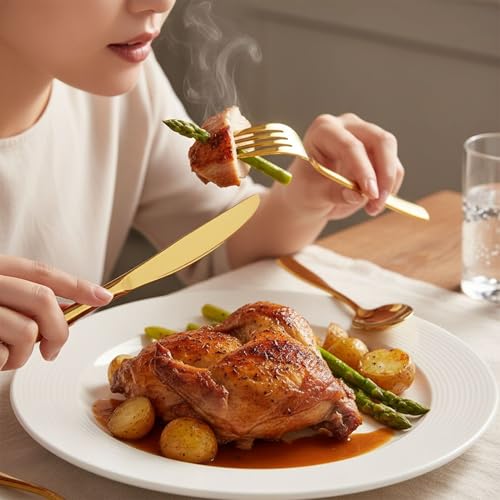 Image of 4 Pcs Gold Mirror Polish Stainless Steel Cutlery Set for Dining Table with Spoon and Fork Set & Butterknife - The Perfect Tableware /Flatware
