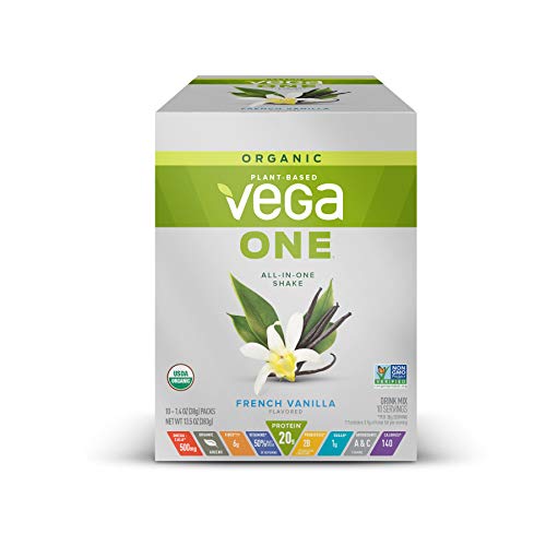 Vega One Organic, French Vanilla, Meal Replacement Protein Powder, Vegan, Plant Based, Superfood, Vitamins, Probiotics, Dairy Free, Gluten Free, Pea Protein for Women and Men (10 Count Packets)