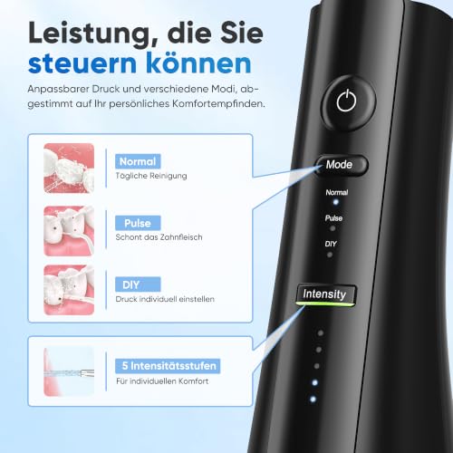 Image of Cordless Water Flosser for Teeth, U-Shaped Tip, 350ml Tank, Black | Plastic body, two-sided tooth cleaning, 3 modes, 40-150 PSI DIY pressure, IPX7-rated, USB-C, 8 tips, adults, braces, travel