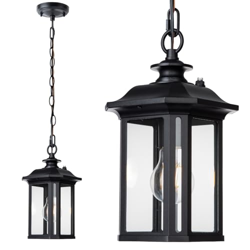 Image of JYZ Dusk to Dawn Outdoor Pendant Lighting, 16 Inch Large Exterior Hanging Lantern Light Fixture, Classic Black Outside Hanging Lamp for Porch Hallway Foyer Patio Gazebo