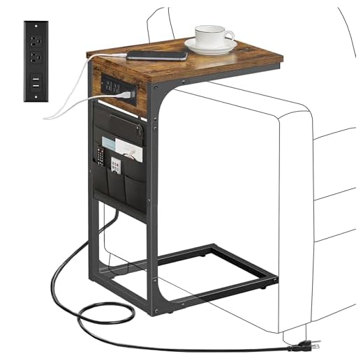 Slim End Table with Charging Station, Side Table with 2 USB Ports and Outlets, C-Shaped Snack Table with Cloth Bag, TV Tray Table, Couch Table TB01BB024