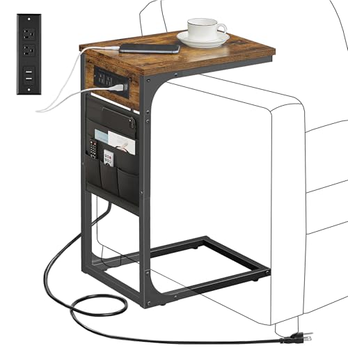 TUTOTAK C Shaped End Table with Charging Station, Side Table for Sofa, Couch Table with Storage Bag,...