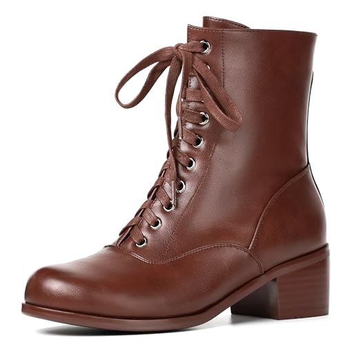 Pixoecuty Womens Victorian Boots Vintage Lace Up Boots For Women Short Ankle Booties Side Zipper Round Toe Chunky Heel Brown ASIAN 41