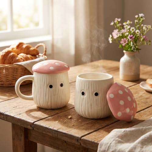 Image of Pink Mushroom Ceramic Mugs with Lid Set of 2 | 300ml Coffee Tea Cups Polka Dot | Microwave Dishwasher Safe | Valentine Couple Gift | Home Decor Kitchen Dining Handmade India