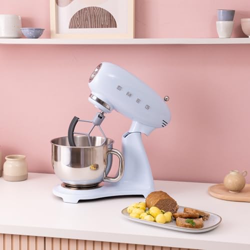 Image of SMEG SMF05 Forte 5-Qt Stand Mixer with 750W Motor, Smooth Start & SteadyMix, Flex Edge Beater, 10 Speeds, Stainless Steel Bowl - Retro 50's Style Planetary Mixer for Dough, Baking & Desserts-Blue