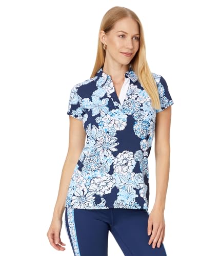 Lilly Pulitzer Women's Frida Polo UPF 50+, Low Tide Navy Bouquet