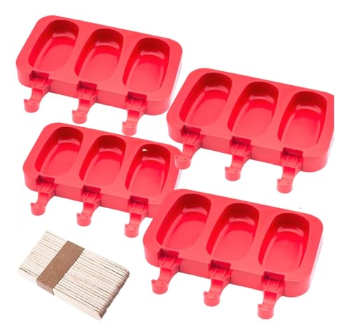 Kit 4 Formas de Picolé Magnum, Silicone, Formas com 200 Palitos Madeira, Molde para Sorvete, 19,2x14,5x2,5cm com Tampa e PALITOS REUTILIZÁVEIS