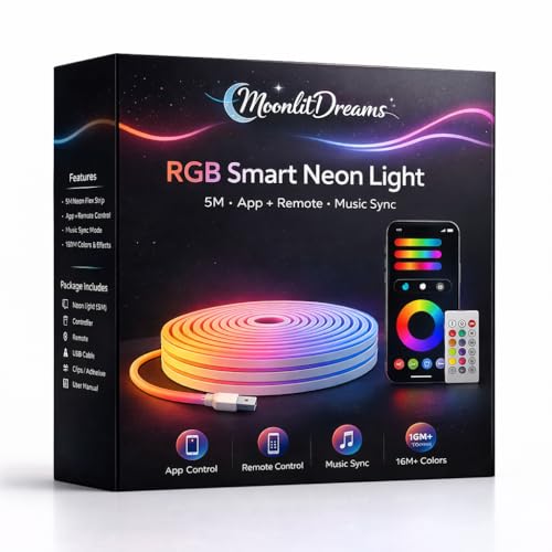 MoonlitDreams 5 Meter Smart RGB Neon LED Strip Lights with App & Remote | Music Sync Rope Light for Room, Gaming, Party, Diwali & Home Decoration