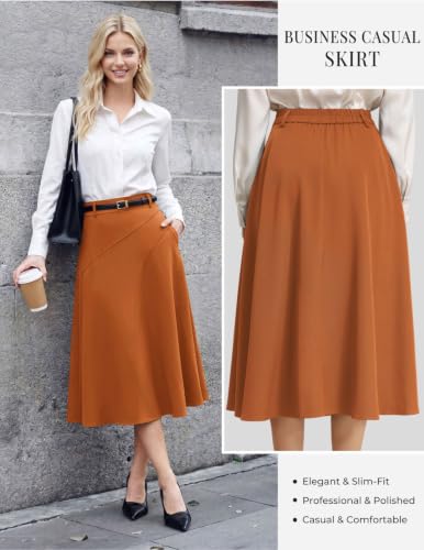 Image of Women's Business Casual Midi Skirt, High Waist Flowy Skirts with Pockets