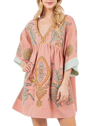 Image of Joiemont Womens Oversized Embroidered Dress with V-Neck and 3 /4 Sleeves Vintage Embroidery Babydoll Dress