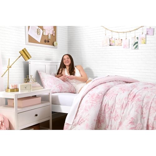 Image of Laura Ashley - Twin /Twin XL Bedding Bundle, Reversible Comforter with Matching Pillowcases & Cotton Percale Sheet Set, Floral Bedding with a Crisp & Cool Feel (Pink)