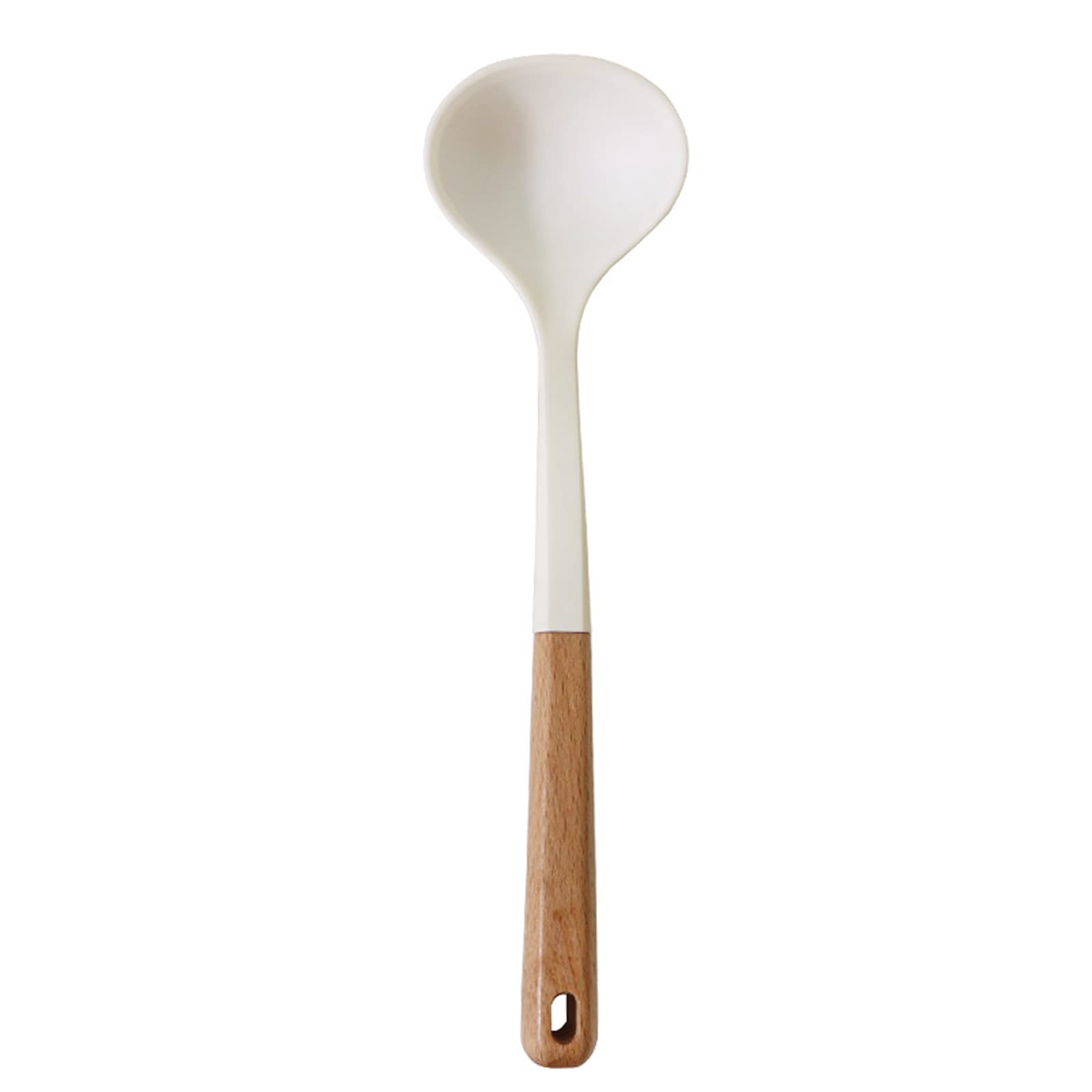 Snplowum 1pcs White Silicone Soup Ladle Spoon with Wooden Handle, Heat Resistant Cooking Utensils, Large Nonstick Serving Scoop for Sauce, Soup, Stew, Chili, Salad Dressing and Pancake Batter.
