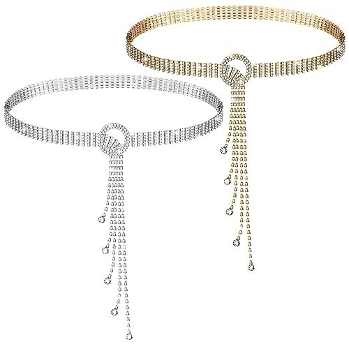 Toulite 2 Pcs Rhinestone Chain Belt 53.1 Inch Crystal Waist Diamond Belts for Women Dresses O Ring Waistband for Ladies Jeans Gift, Gold Silver