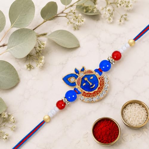Image of Riddhika Ventures Religious Gold Plated Meenakari Sacred Ganesha Rakhi with Roli Chawal and Greeting Card