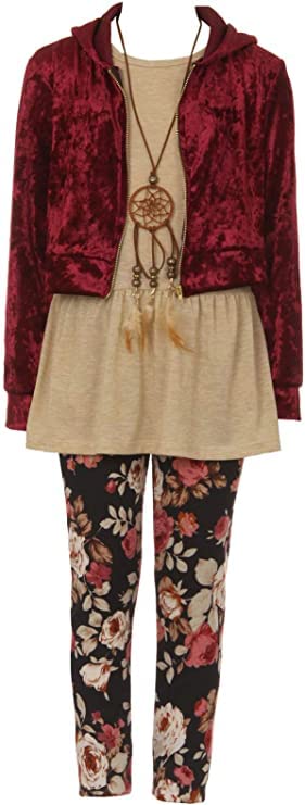 Image of iGirlDress Girls 4 Pieces Pant Set Long Sleeve Jacket Necklace Floral Plaid Pant 4-16