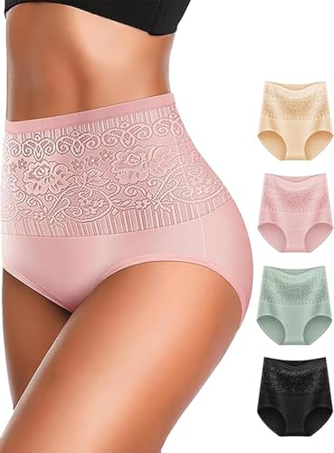 Image of Women's Lace Trim High Waisted Cotton Underwear Full Coverage Ladies Panties Tummy Control Briefs 4 Pack