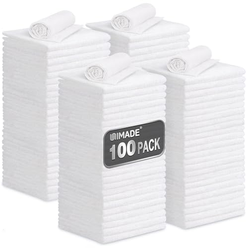 UNIMADE Shop Towels 100 Pack Commercial Grade Work Rags Microfiber Towels for Cars Cleaning Rags Bulk Detailing Cloth for Automotive Bar Mechanic Restaurant Garage Housekeeping 11.5x 11.5 White