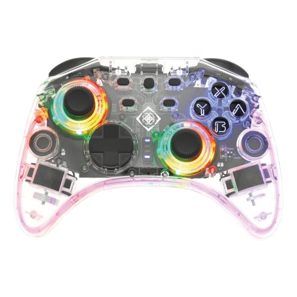 أمام view وحدة تحكم DELTACO Gaming Nintendo Switch Bluetooth مزودة بإضاءة LED ملونة حول عصا التحكم والأزرار.