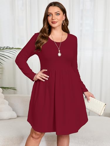 Image of AusLook Women's Plus Size Long Sleeve Midi Dress Casual Empire Waist Loose Flowy Dresses A-Line Boho Long Dress with Pockets