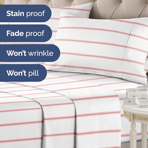 Image of Full 4 Piece Striped Sheet Set - Soft, Breathable & Cooling - Red Stripe | 1 Flat, 1 Fitted & 2 Pillowcases w / Deep Pockets, Luxury Striped Bedding, Soft, Breathable & Cooling, Wrinkle & Fade Free