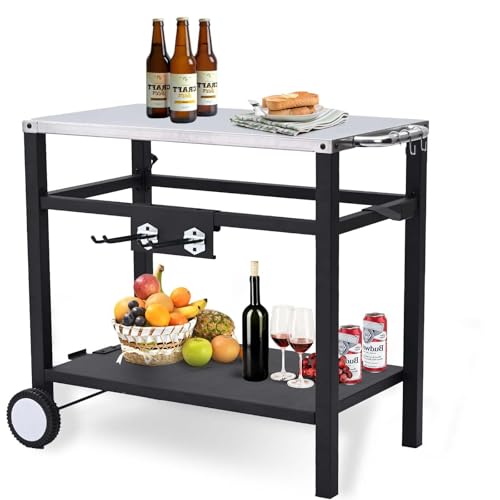 Klysiora Dining Car Table Stainless Steel Outdoor Barbecue Table Can Move Camping Table with Hooks and Side Armrests, Suitable for Kitchen, Restaurant, Bar, Camping, Camping