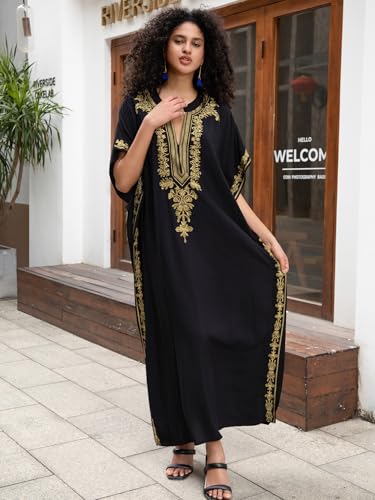 Image of KECVOT Kaftan Dresses for Women Embroidered Short Sleeve V-Neck Plus Size Caftan Bikini Swimsuit Cover-Up Long Beach Dress