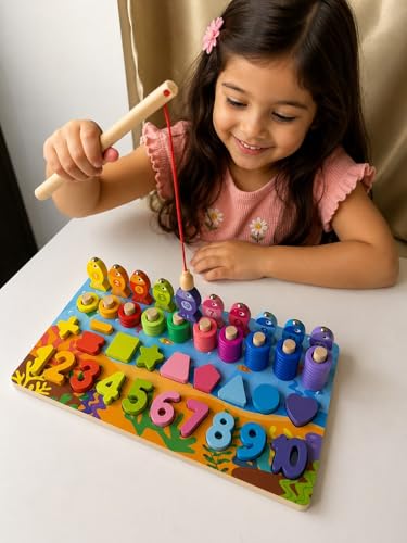 Image of Toywood 6-in-1 Wooden Montessori Learning Board for Kids - Fishing Game, Number & Shape Sorting, Counting Rings, Math Puzzle & Color Matching Educational Toy for Toddlers